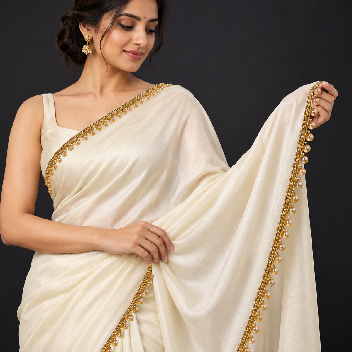 Golden Round Bead Hanging Lace Border with Iridescent Shine for Saree, Blouse & Dupatta – 7 Meter