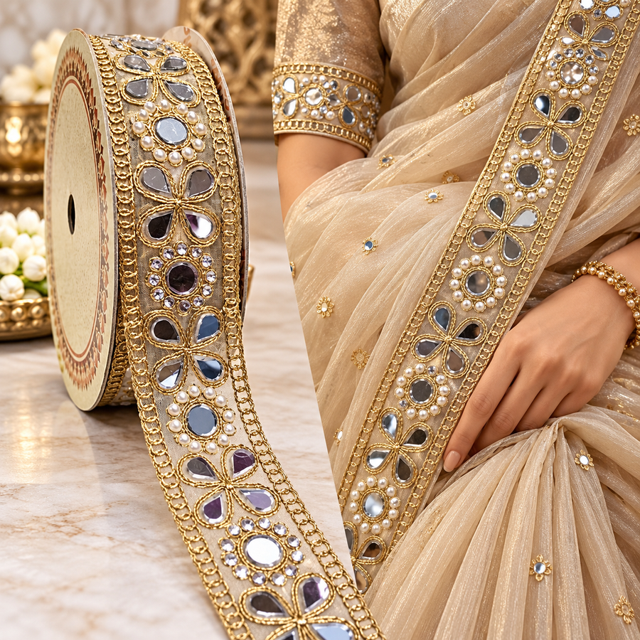 Premium Golden Floral Mirror Pearl & Stone Work Embroidered Designer Lace for Saree, Lehenga, Blouse & Dupatta Border – 9 Meter Roll