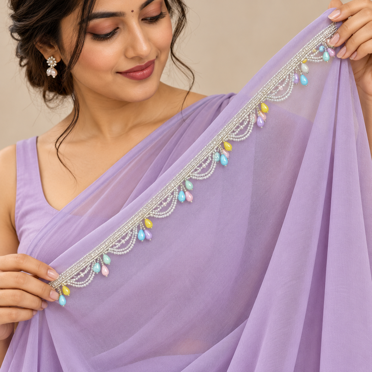 Silver Beaded Scalloped Hanging Lace with Pastel Multicolour Teardrops for Saree, Blouse & Dupatta – 7 Meter
