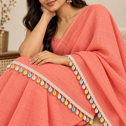 White Pastel Multicolour Cowrie Shell Hanging Lace Border for Saree, Blouse & Dupatta – 7 Meter