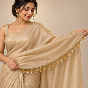 Golden Triple Teardrop Beaded Hanging Lace Border for Saree, Blouse & Dupatta – 7 Meter