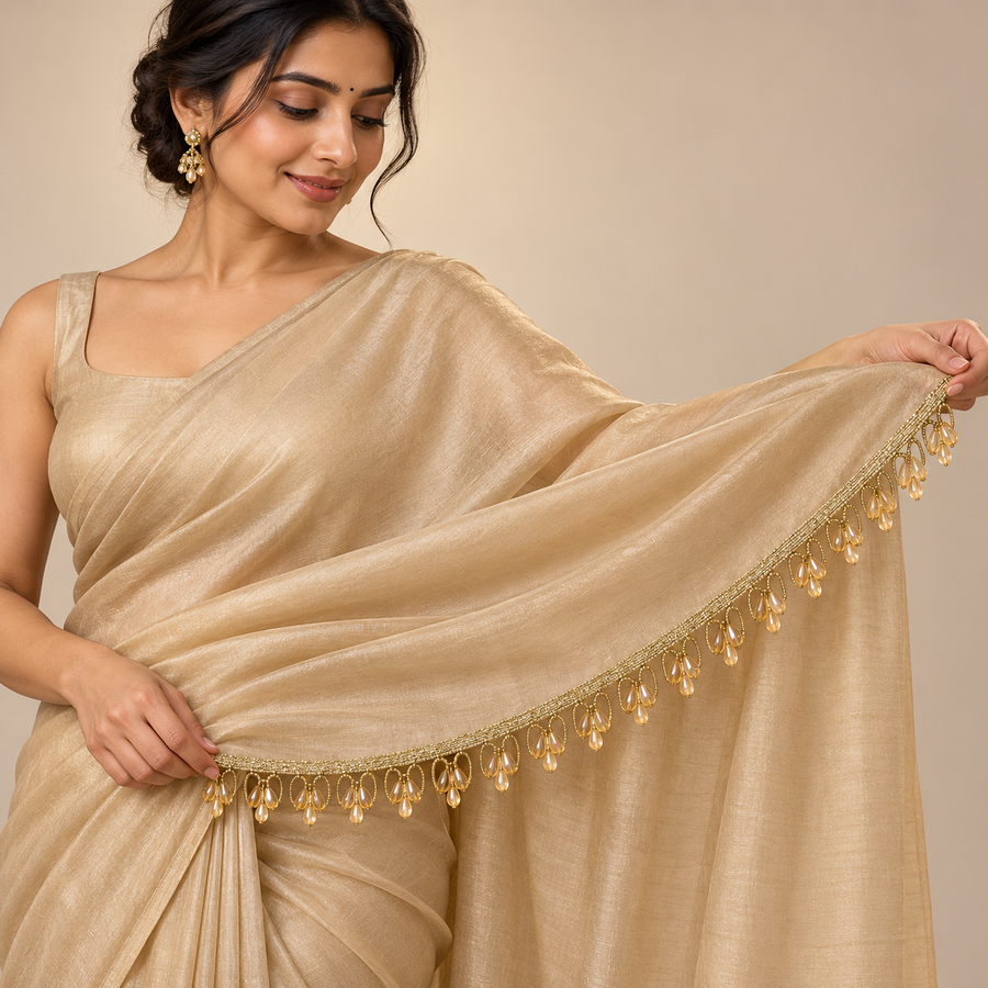 Golden Triple Teardrop Beaded Hanging Lace Border for Saree, Blouse & Dupatta – 7 Meter