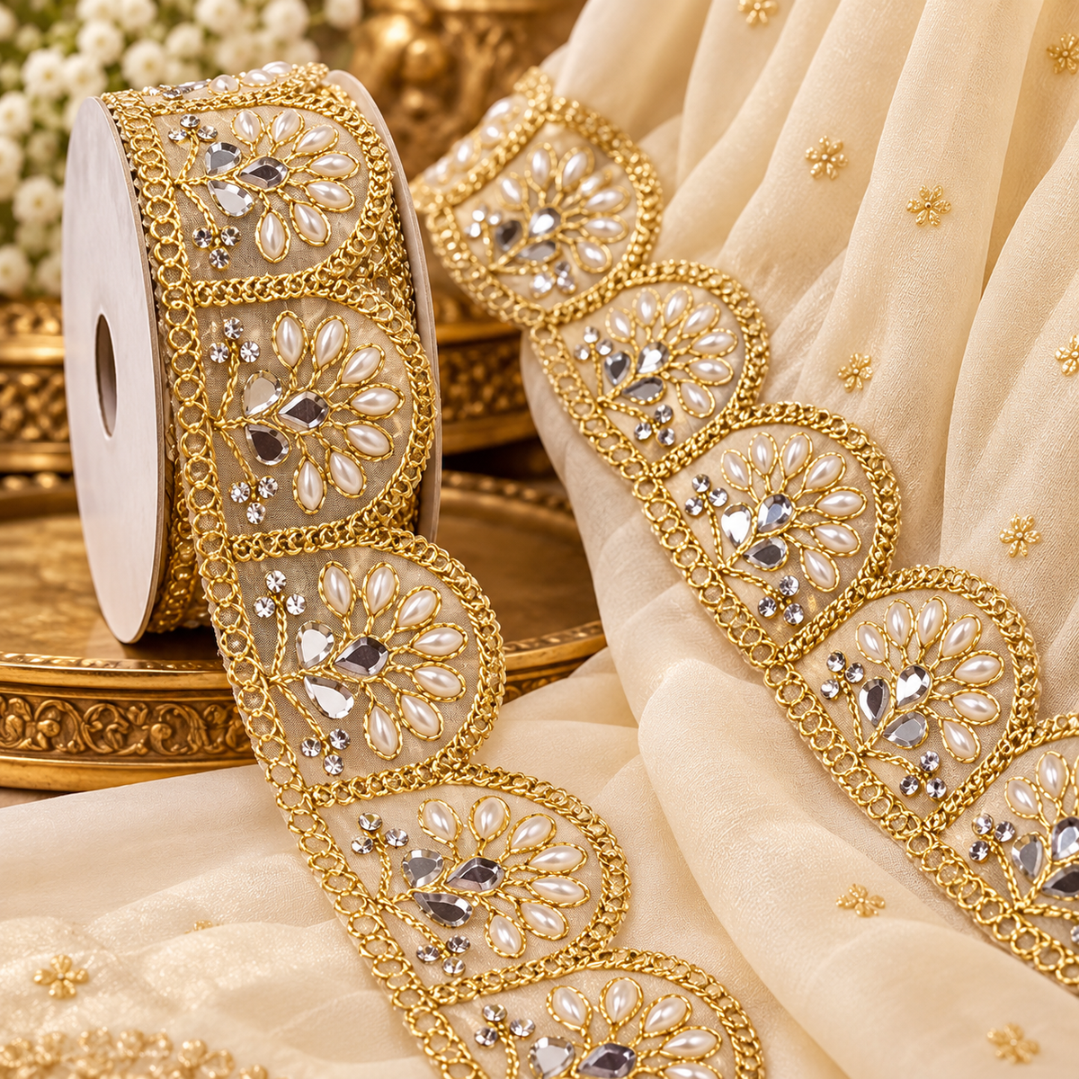 Premium Golden Scallop Floral Mirror Pearl & Stone Work Designer Lace for Saree, Lehenga, Blouse & Dupatta Border – 9 Meter Roll