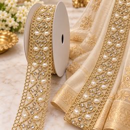 Premium Golden Diamond Pearl & Stone Work Embroidered Designer Lace for Saree, Lehenga, Blouse & Dupatta Border – 9 Meter Roll