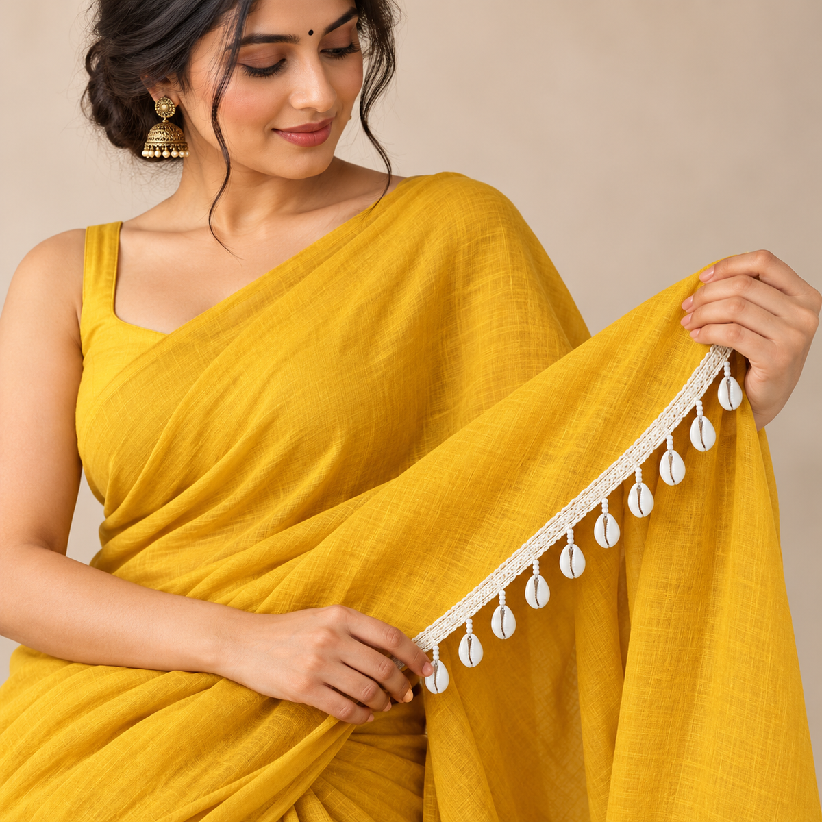 White Cowrie Shell Hanging Lace Border with Moti Beads for Saree, Blouse & Dupatta – 7 Meter