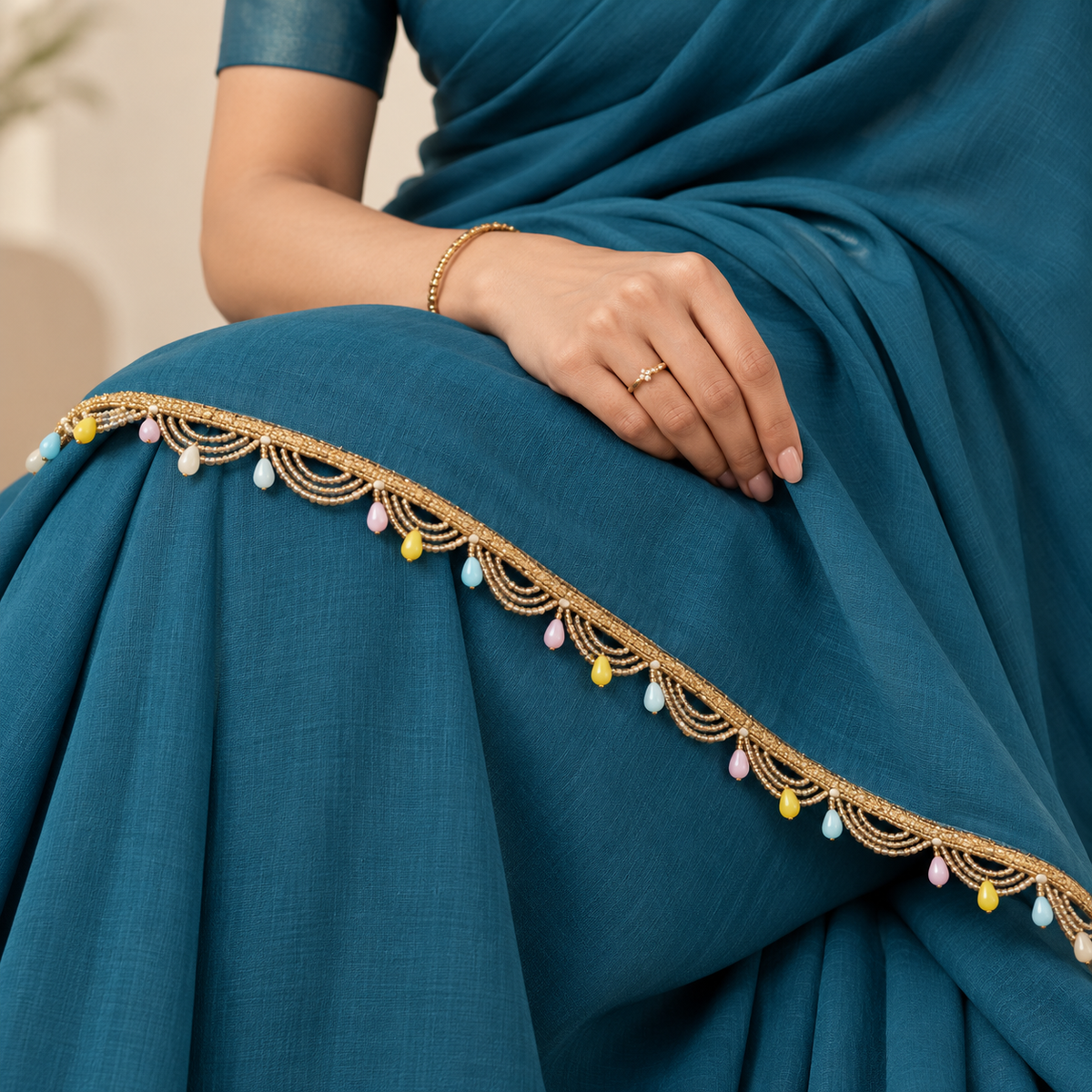 Golden Beaded Scalloped Hanging Lace with Pastel Multicolour Teardrops for Saree, Blouse & Dupatta – 7 Meter
