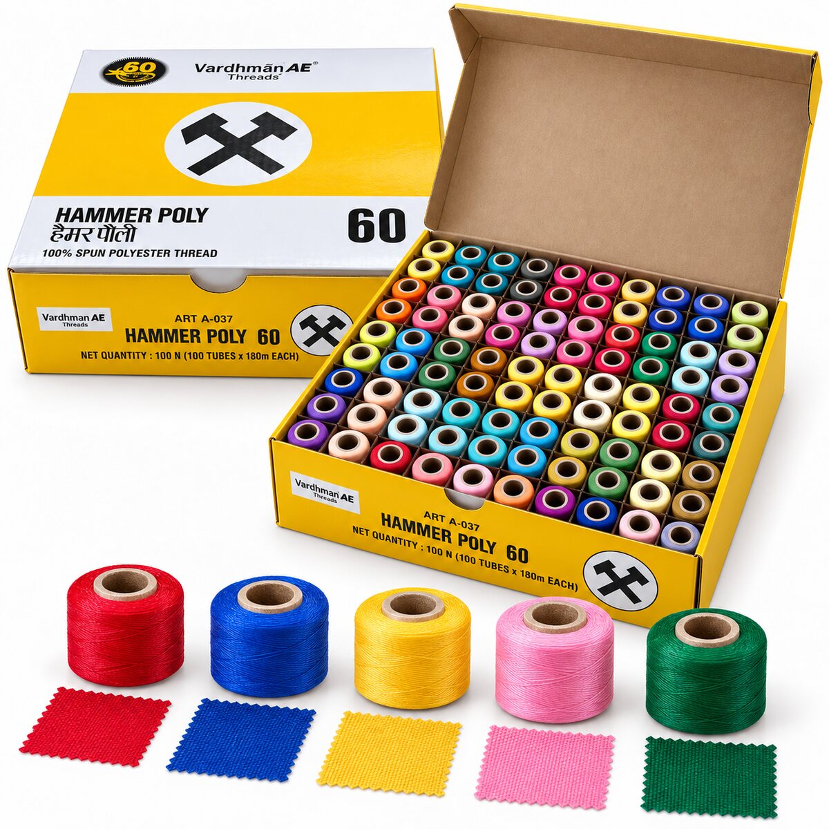 Vardhman AE Hammer Poly 60 Multicolor Sewing Thread Box | 100 Tubes x 180 Meter Each | 100% Spun Polyester Thread for Tailoring & Stitching