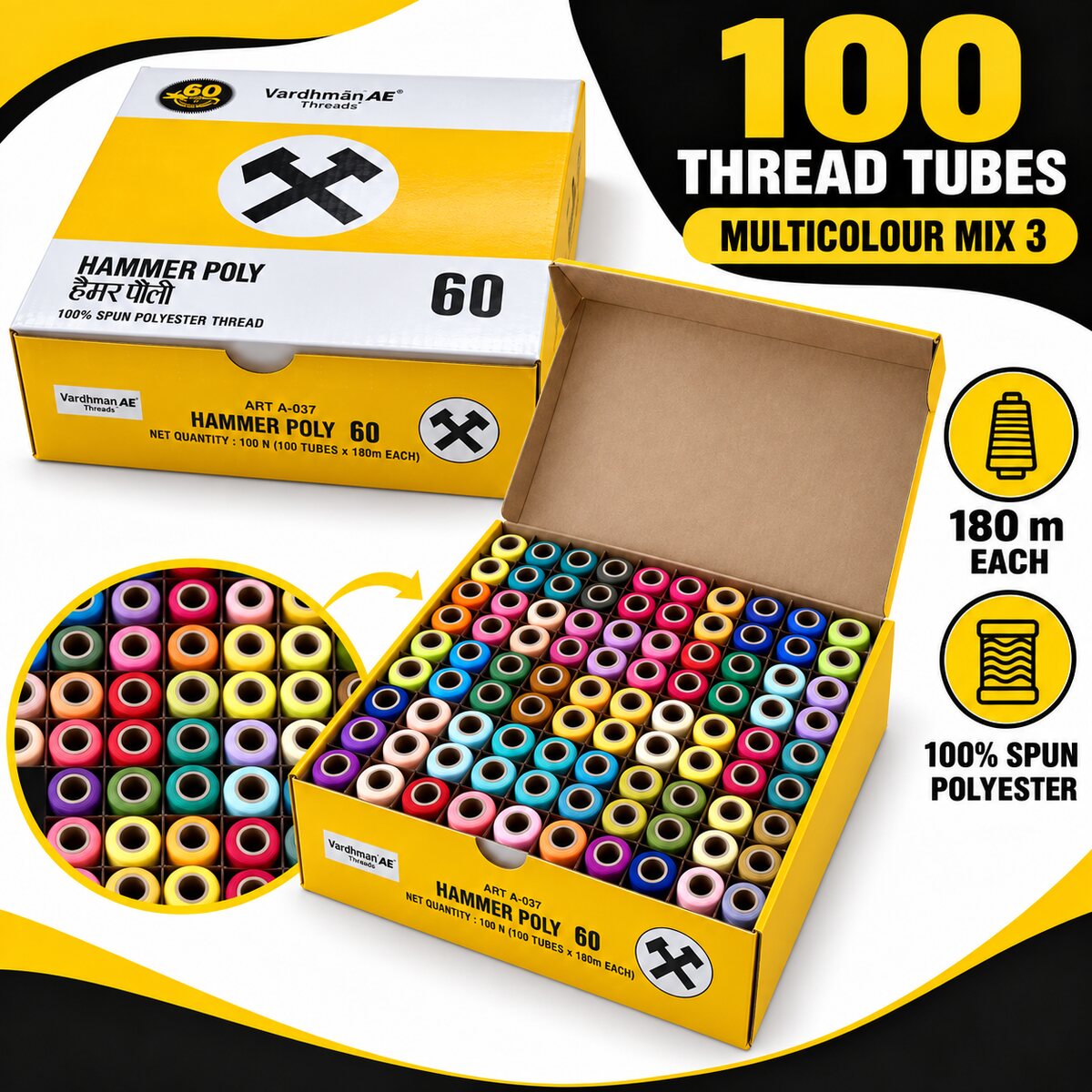 Vardhman AE Hammer Poly 60 Multicolour Mix 3 Sewing Thread Box | 100 Tubes x 180 Metres Each | 100% Spun Polyester Thread for Tailoring & Stitching