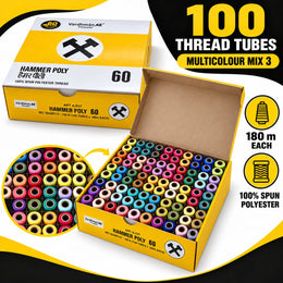 Vardhman AE Hammer Poly 60 Multicolour Mix 3 Sewing Thread Box | 100 Tubes x 180 Metres Each | 100% Spun Polyester Thread for Tailoring & Stitching