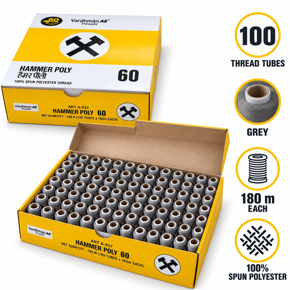 Vardhman AE Hammer Poly 60 Grey Sewing Thread | 100 Tubes x 180 Metres Each | 100% Spun Polyester Tailoring Thread