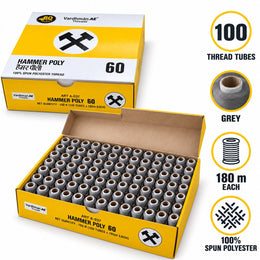 Vardhman AE Hammer Poly 60 Grey Sewing Thread | 100 Tubes x 180 Metres Each | 100% Spun Polyester Tailoring Thread