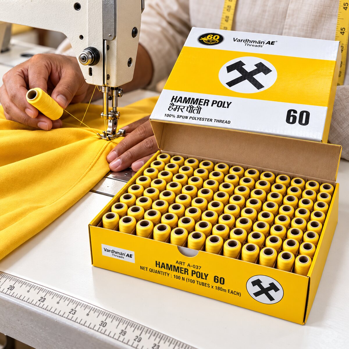 Vardhman AE Hammer Poly 60 Yellow Sewing Thread | 100 Tubes x 180 Metres Each | 100% Spun Polyester Thread