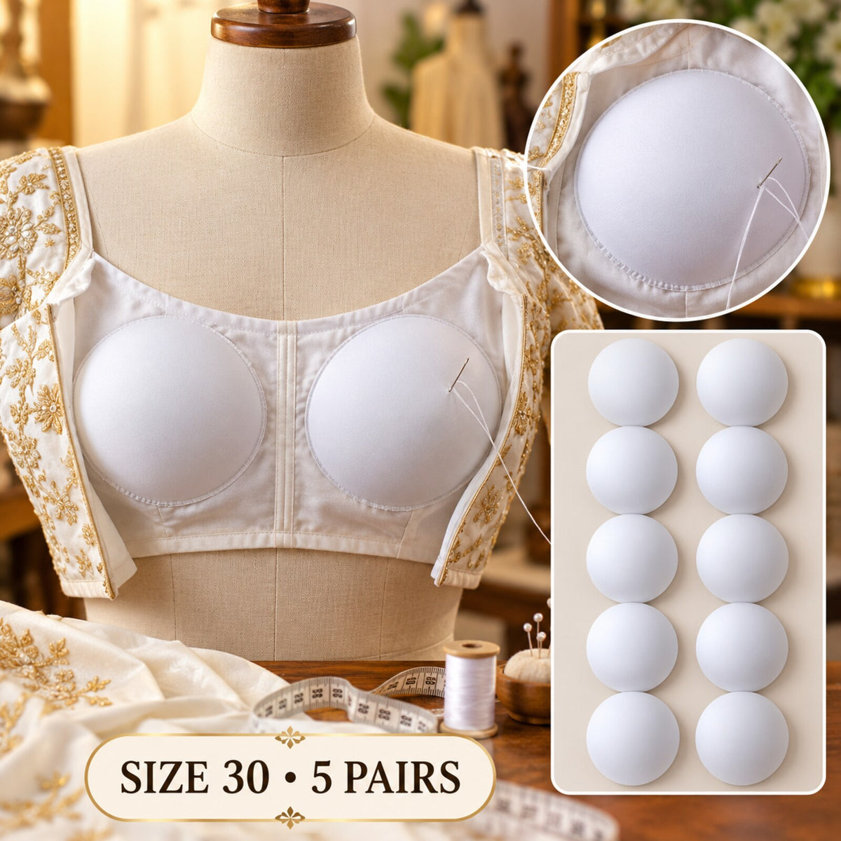 Good Luck Bra Cups Size 30 White | Blouse Padding Cups for Stitching | Pack of 10 Pieces (5 Pairs)