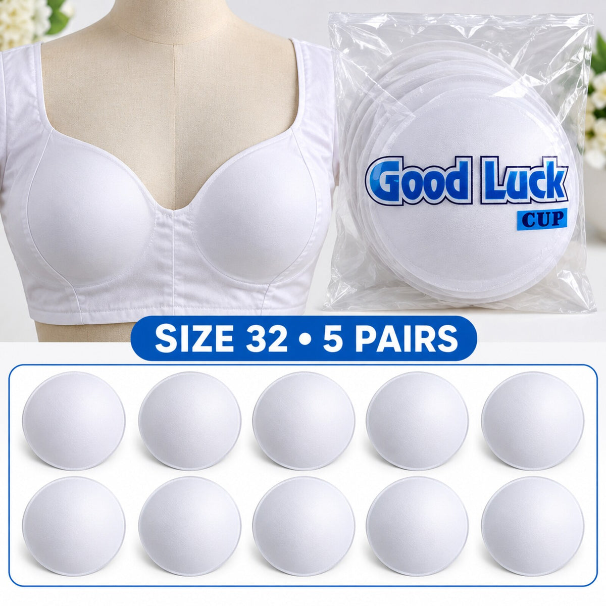 Good Luck Bra Cups Size 32 White | Blouse Padding Cups for Stitching | Pack of 10 Pieces (5 Pairs)