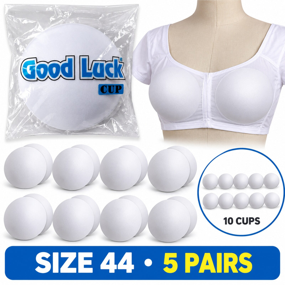 Good Luck Bra Cups Size 44 White | Blouse Padding Cups for Stitching | Pack of 10 Pieces (5 Pairs)