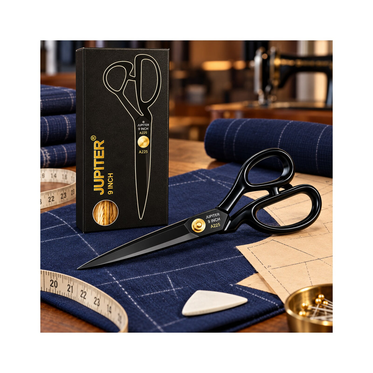 Jupiter A225 9 Inch Large Yarn Shear | Heavy Duty Tailoring Scissor for Cloth Cutting | Sharp Steel Blades | Black