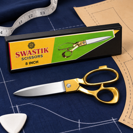 Swastik 8 Inch Tailoring Scissor with Golden Handle | Heavy Duty Cloth Cutting Kainchi | Steel Blade Fabric Cutting Scissor