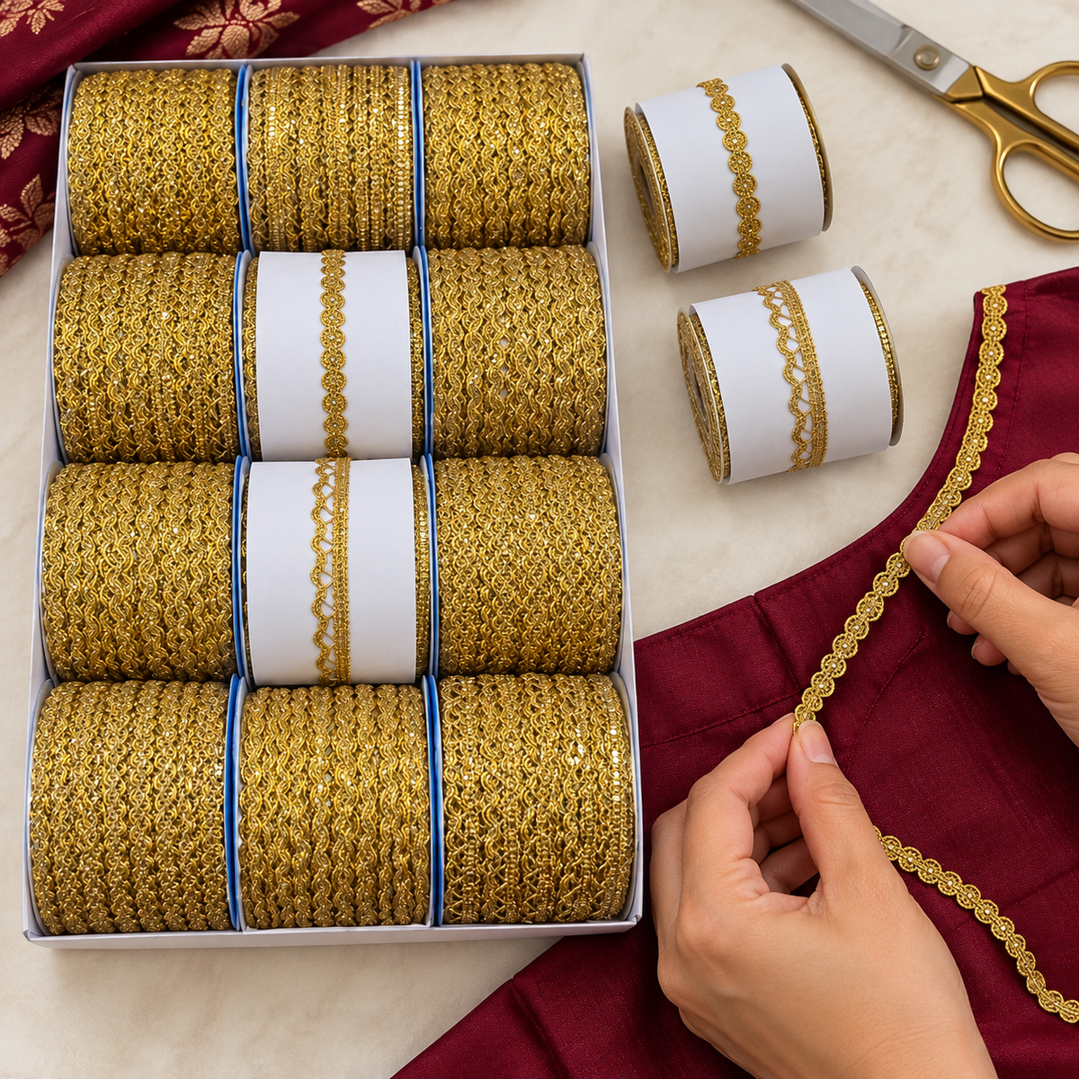 Bright Golden Assorted Designer Lace Border for Saree, Blouse & Dupatta – 9 Meter Each, Pack of 12