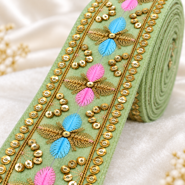 Premium Pista Green Floral Embroidered Lace Border with Golden Zari & Sequin Work for Saree, Blouse, Dupatta, Lehenga & Kurti – 9 Meter