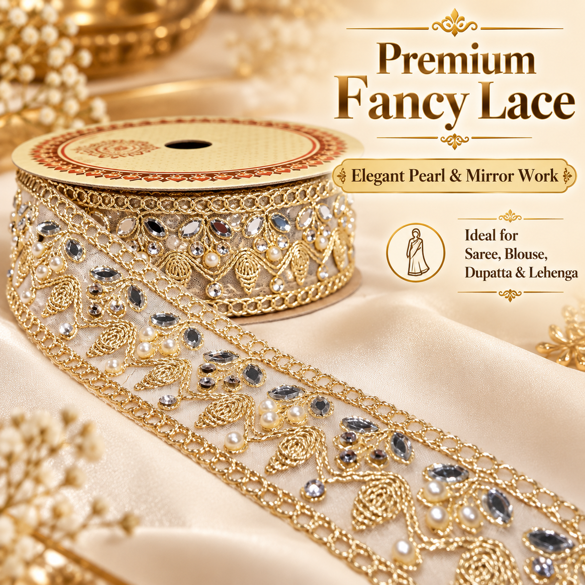 Premium Golden Pearl & Mirror Work Floral Net Lace Border for Saree, Blouse, Dupatta & Lehenga