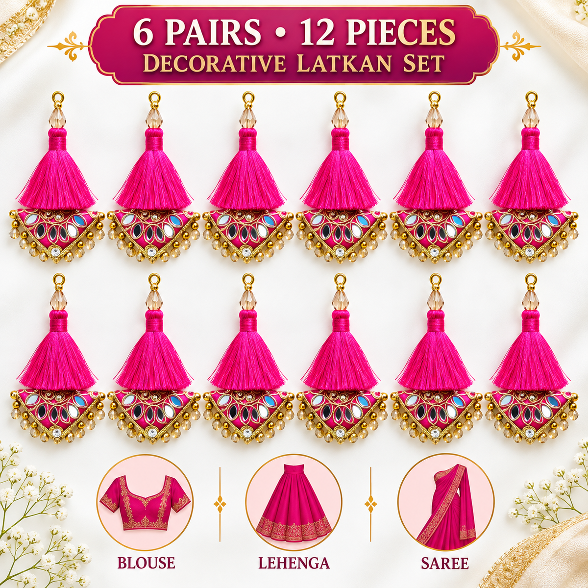 Rani Pink Decorative Tassel Latkan for Blouse, Lehenga & Saree – Pack of 12 Pieces (6 Pairs)