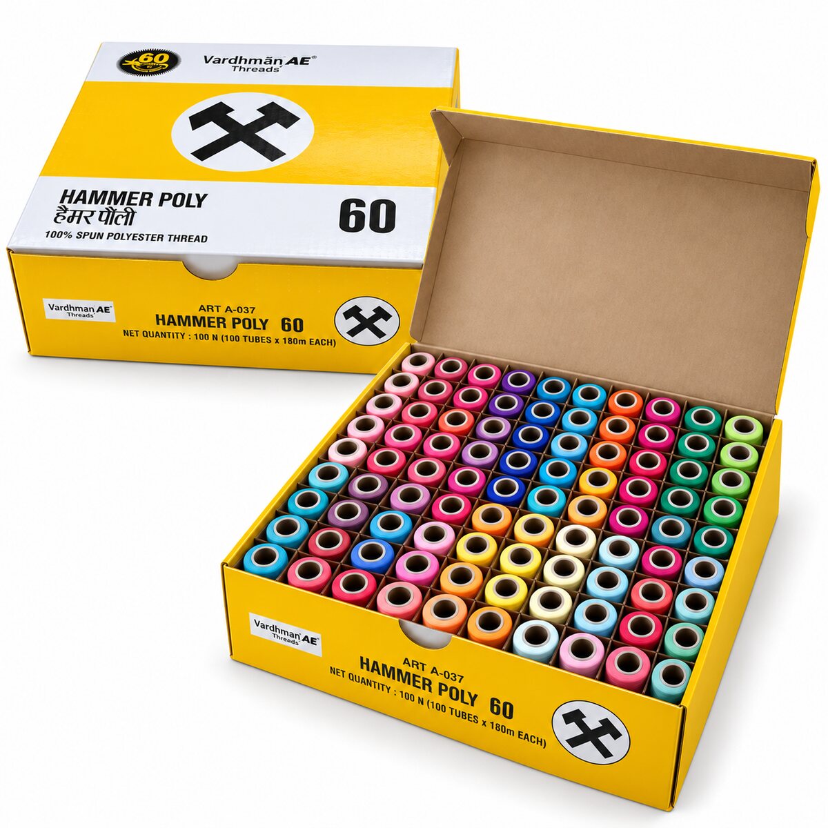 Vardhman AE Hammer Poly 60 Multicolor Sewing Thread Box | 100 Tubes x 180 Meter Each | 100% Spun Polyester Thread for Tailoring & Stitching