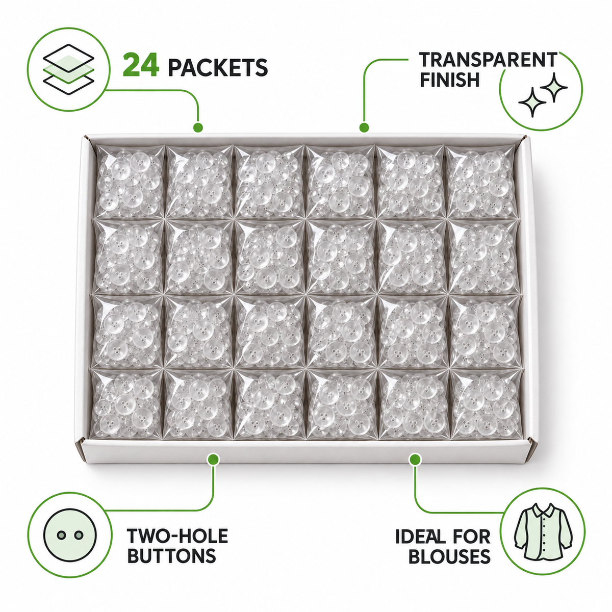 Transparent 2-Hole Blouse Buttons – Box of 24 Packets | Clear Sewing Buttons for Tailoring