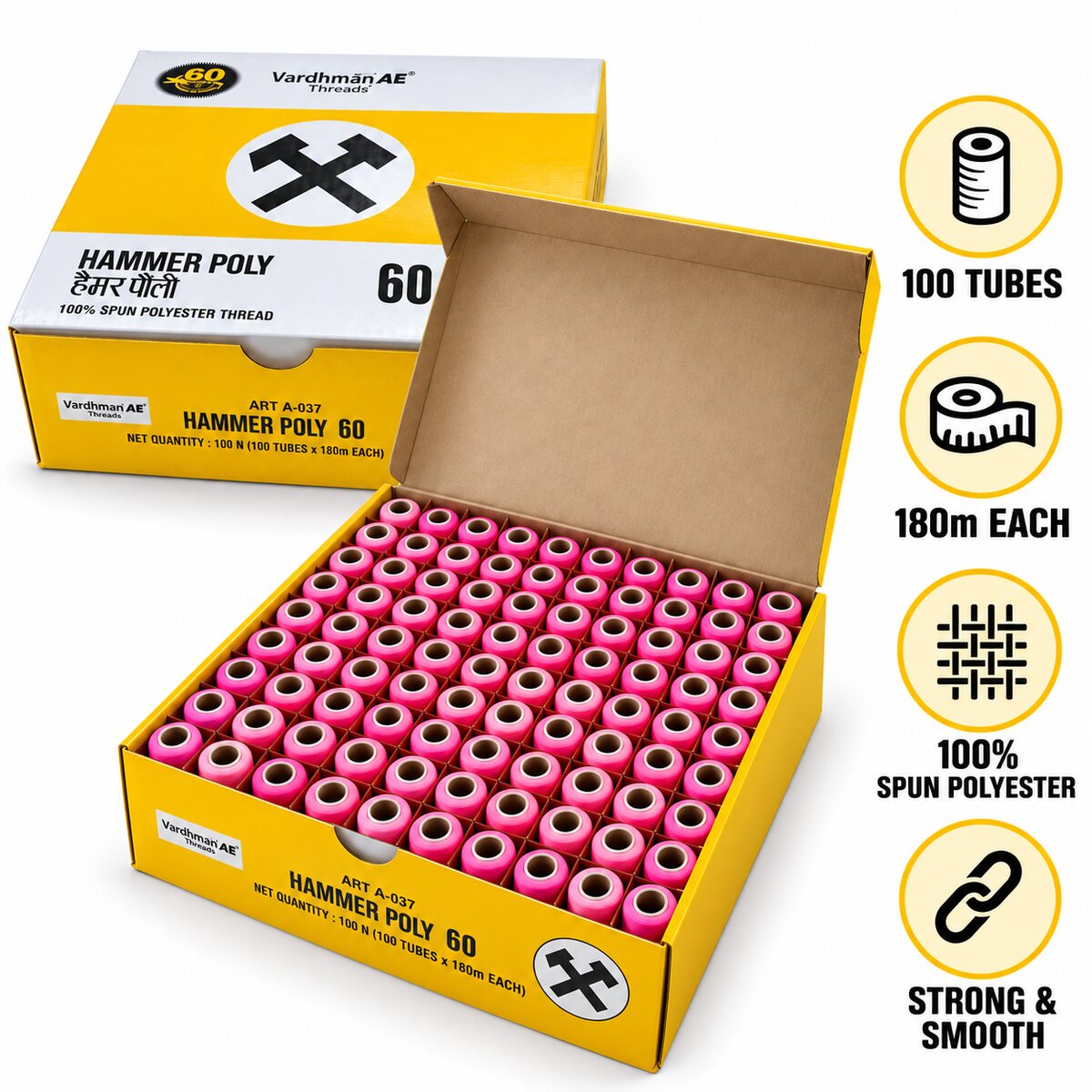 Vardhman AE Hammer Poly 60 Rani Pink Sewing Thread | 100 Tubes x 180 Metres Each | 100% Spun Polyester Tailoring Thread