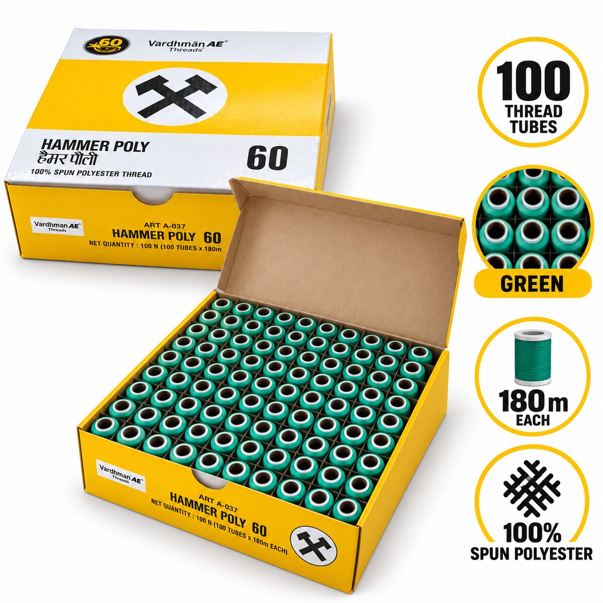 Vardhman AE Hammer Poly 60 Green Sewing Thread | 100 Tubes x 180 Metres Each | 100% Spun Polyester Tailoring Thread