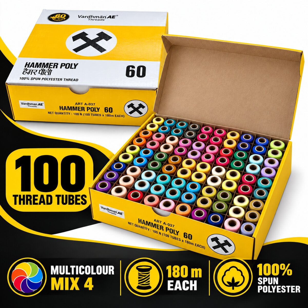 Vardhman AE Hammer Poly 60 Multicolour Mix 4 Sewing Thread Box | 100 Tubes x 180 Metres Each | 100% Spun Polyester Thread for Tailoring & Stitching