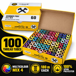 Vardhman AE Hammer Poly 60 Multicolour Mix 4 Sewing Thread Box | 100 Tubes x 180 Metres Each | 100% Spun Polyester Thread for Tailoring & Stitching