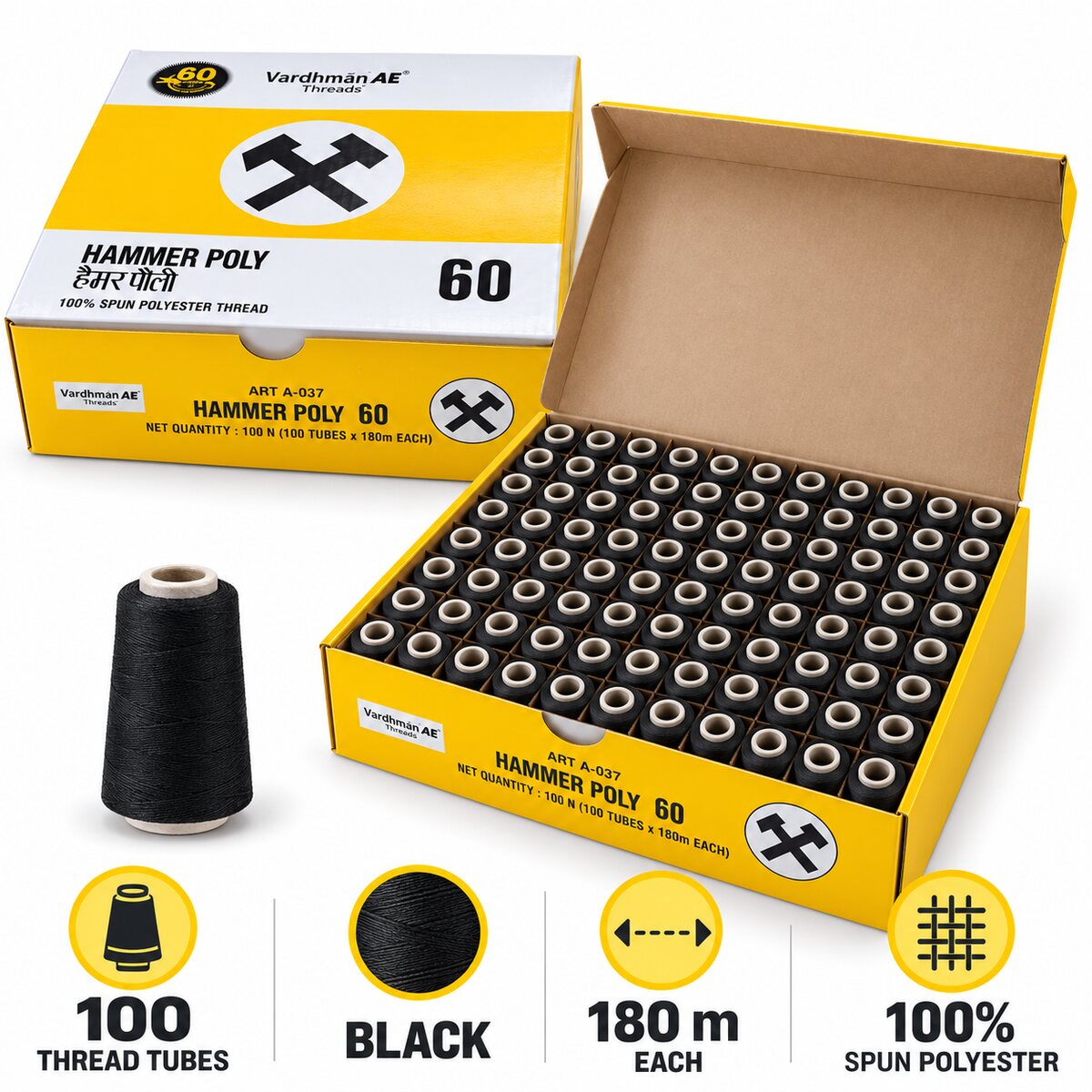 Vardhman AE Hammer Poly 60 Black Sewing Thread Box | 100 Tubes x 180 Metres Each | 100% Spun Polyester Thread