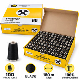 Vardhman AE Hammer Poly 60 Black Sewing Thread Box | 100 Tubes x 180 Metres Each | 100% Spun Polyester Thread
