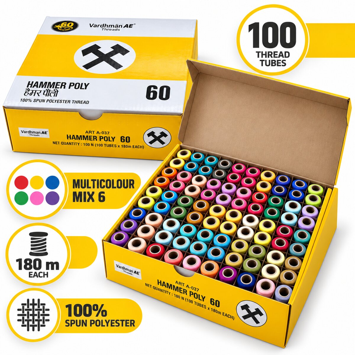 Vardhman AE Hammer Poly 60 Multicolour Mix 6 Sewing Thread Box | 100 Tubes x 180 Metres Each | 100% Spun Polyester Thread