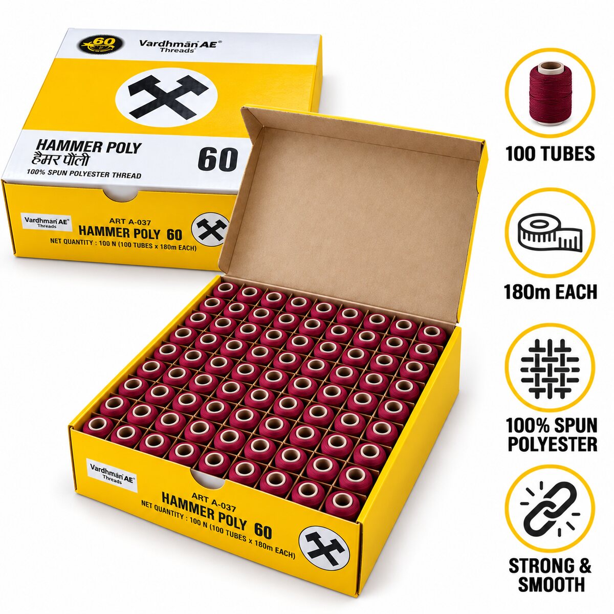 Vardhman AE Hammer Poly 60 Maroon Sewing Thread | 100 Tubes x 180 Metres Each | 100% Spun Polyester Tailoring Thread