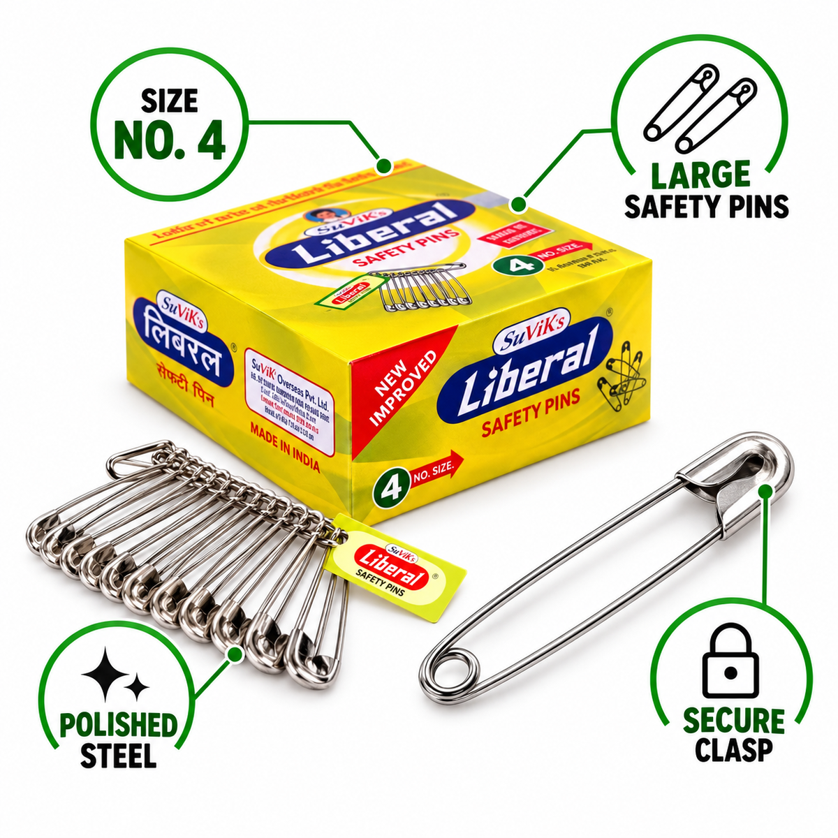 SuVik’s Liberal Safety Pins No. 4 Large Size – Polished Steel Safety Pins for Saree, Blouse & Tailoring
