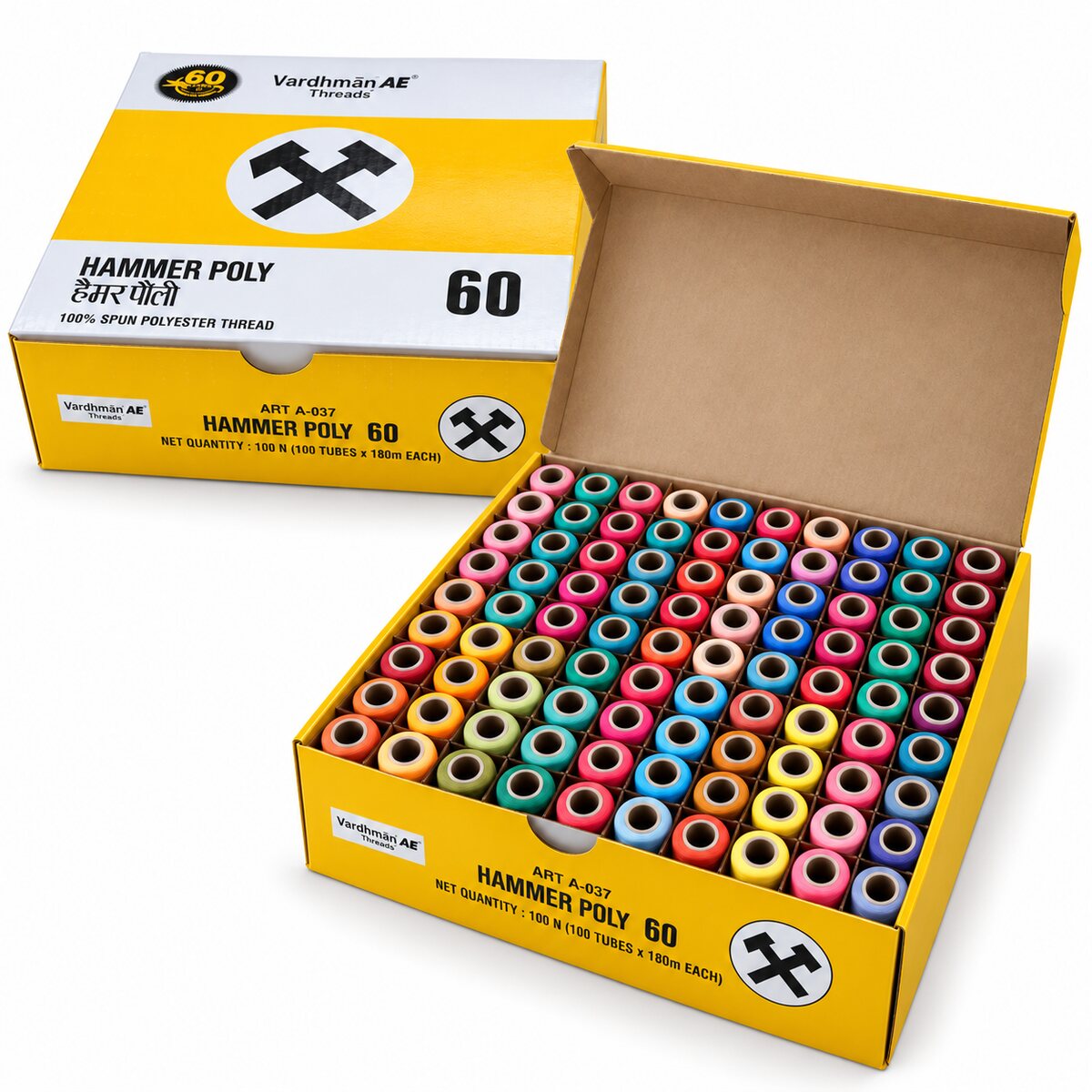 Vardhman AE Hammer Poly 60 Multicolour Mix 3 Sewing Thread Box | 100 Tubes x 180 Metres Each | 100% Spun Polyester Thread for Tailoring & Stitching