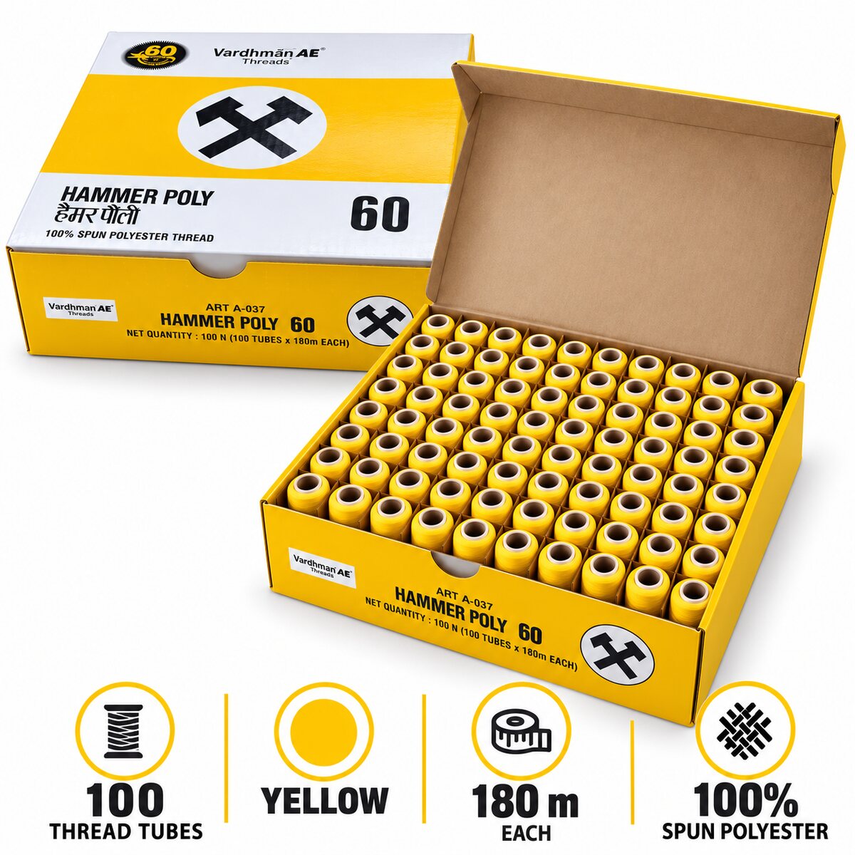 Vardhman AE Hammer Poly 60 Yellow Sewing Thread | 100 Tubes x 180 Metres Each | 100% Spun Polyester Thread