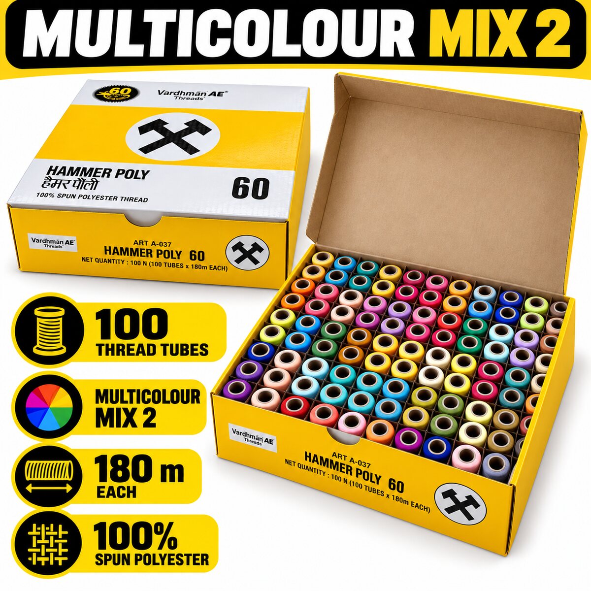 Vardhman AE Hammer Poly 60 Multicolour Mix 2 Sewing Thread Box | 100 Tubes x 180 Metres Each | 100% Spun Polyester Thread for Tailoring & Stitching