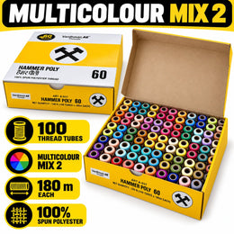 Vardhman AE Hammer Poly 60 Multicolour Mix 2 Sewing Thread Box | 100 Tubes x 180 Metres Each | 100% Spun Polyester Thread for Tailoring & Stitching