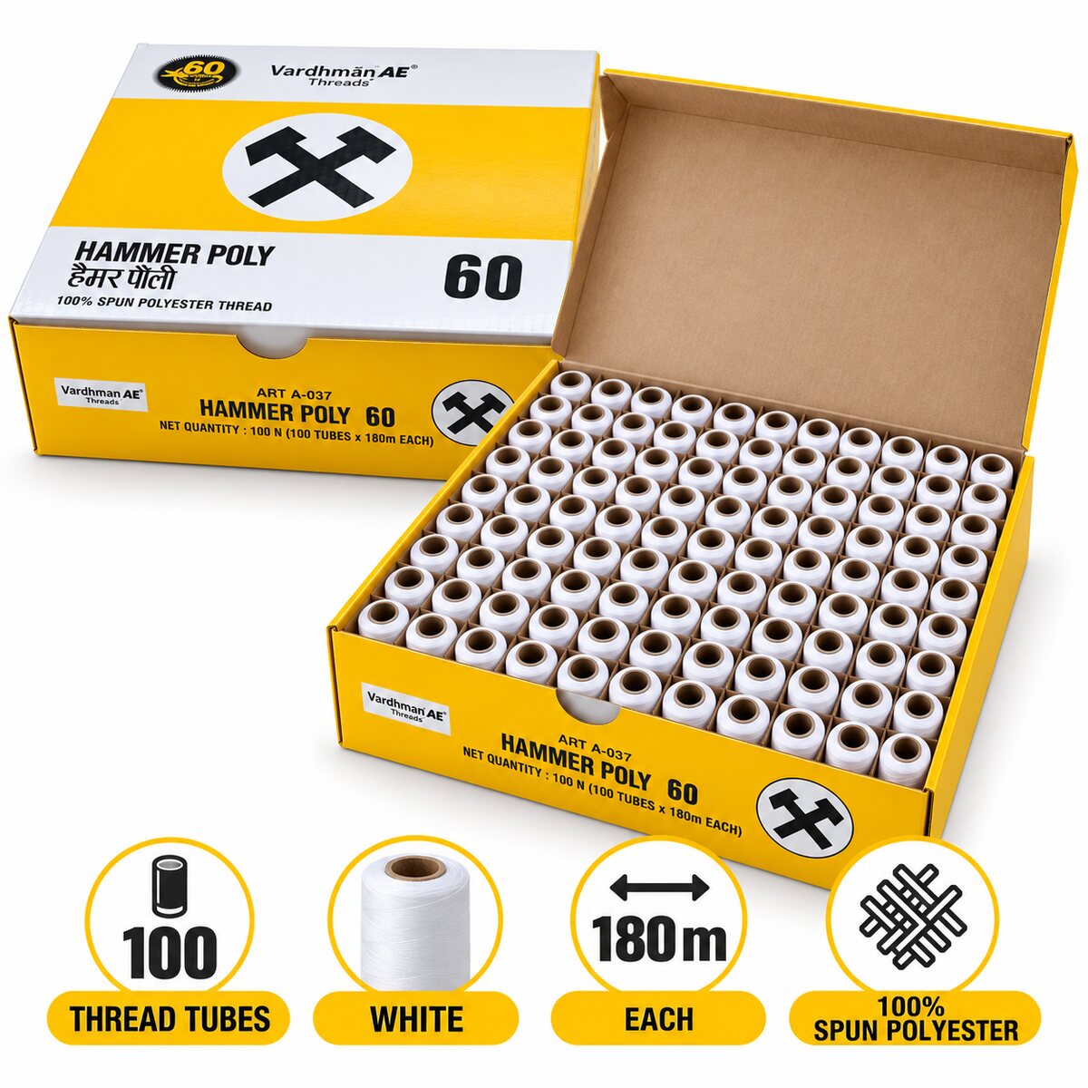 Vardhman AE Hammer Poly 60 White Sewing Thread Box | 100 Tubes x 180 Metres Each | 100% Spun Polyester Thread