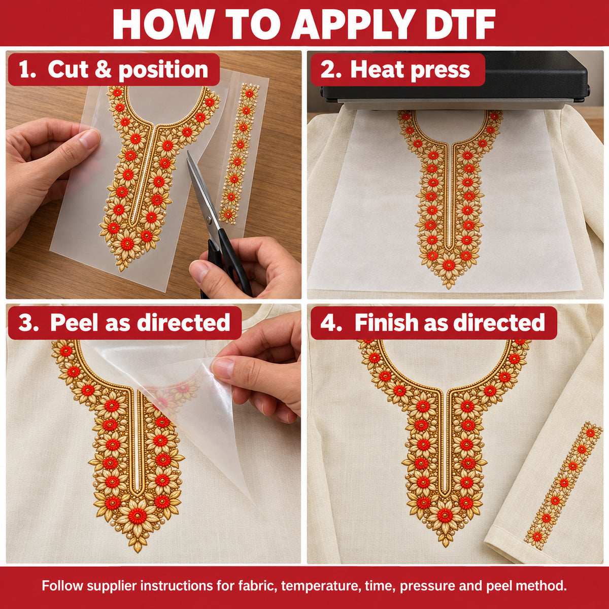 Red Floral & Gold-Tone Leaf DTF Heat Transfer Sticker Set with Neckline and Matching Border for Kurti & Suit