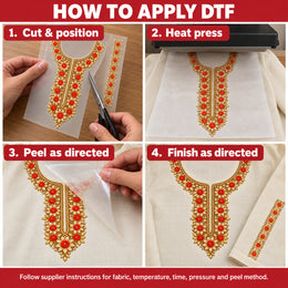 Red Floral & Gold-Tone Leaf DTF Heat Transfer Sticker Set with Neckline and Matching Border for Kurti & Suit