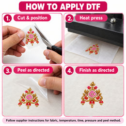 Pink & Red Floral DTF Heat Transfer Sticker Set with Gold-Tone Neckline, Matching Borders and Small Motifs for Suit & Blouse