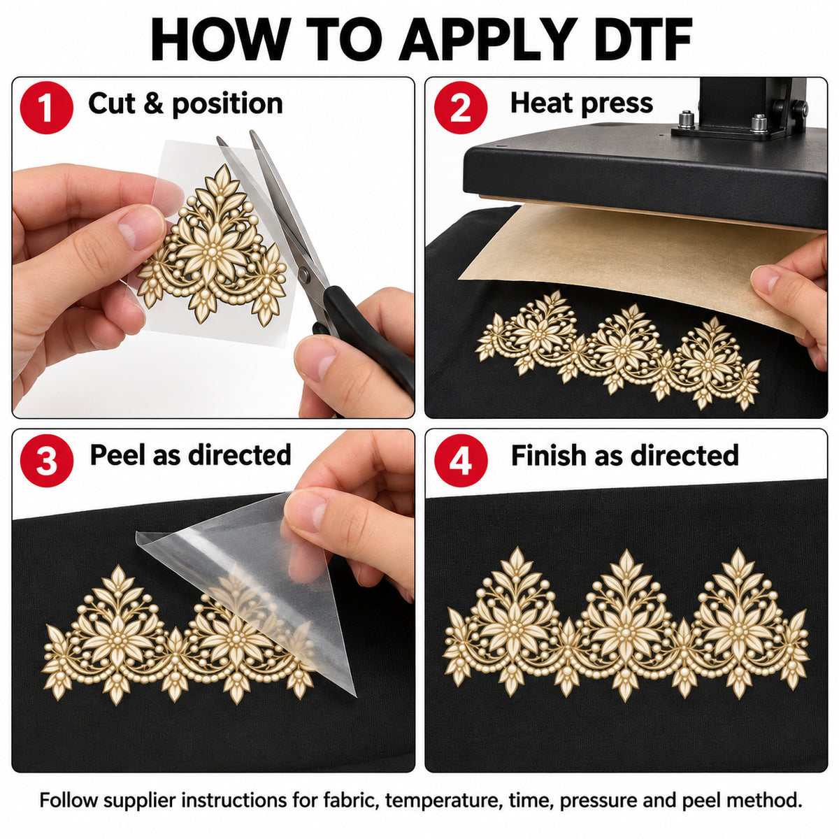 Ivory & Gold Floral DTF Heat Transfer Sticker Set with U-Neck Panel, Border & Motifs for Suit & Blouse