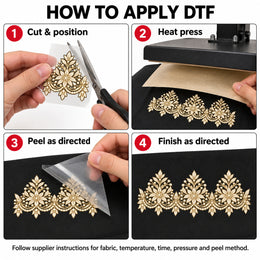 Ivory & Gold Floral DTF Heat Transfer Sticker Set with U-Neck Panel, Border & Motifs for Suit & Blouse