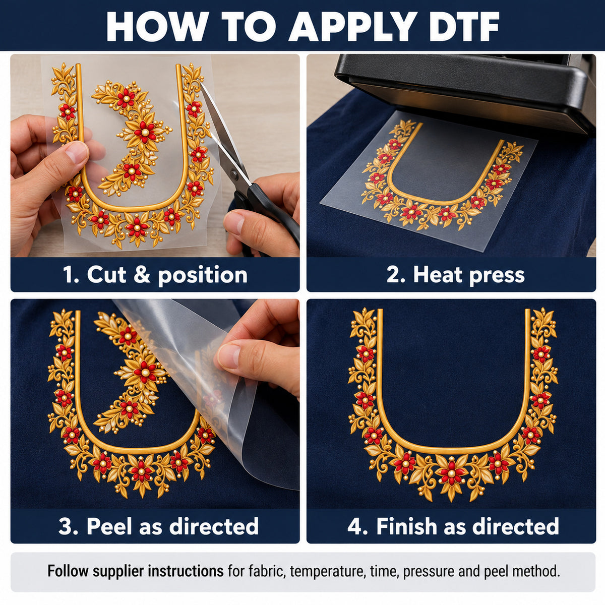 Red Floral & Gold-Tone Leaf DTF Blouse Sticker Set with Neckline Designs and Decorative Motifs