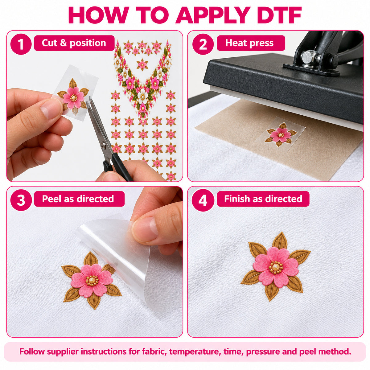 Pink Ivory & Gold Floral DTF Heat Transfer Sticker Set with V-Neck Design for Suit & Blouse