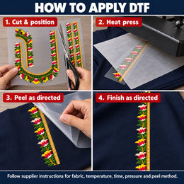 Multicolour Floral DTF Heat Transfer Sticker Set with U-Neckline and Matching Borders for Blouse