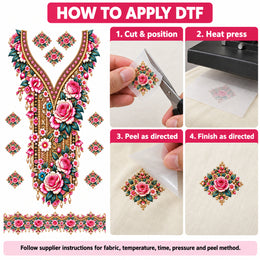 Pink Rose Teal & Gold DTF Heat Transfer Sticker Set with Long Neckline, Border & Motifs for Suit & Blouse